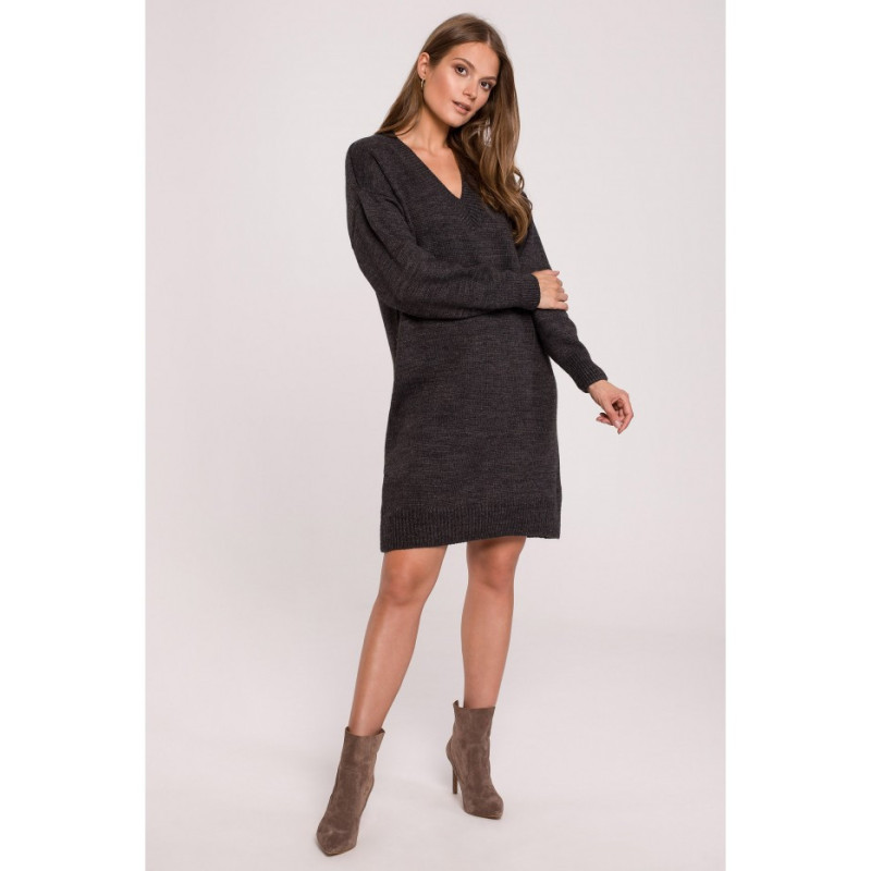 K122 Sukienka swetrowa z dekoltem V - grafitowa
