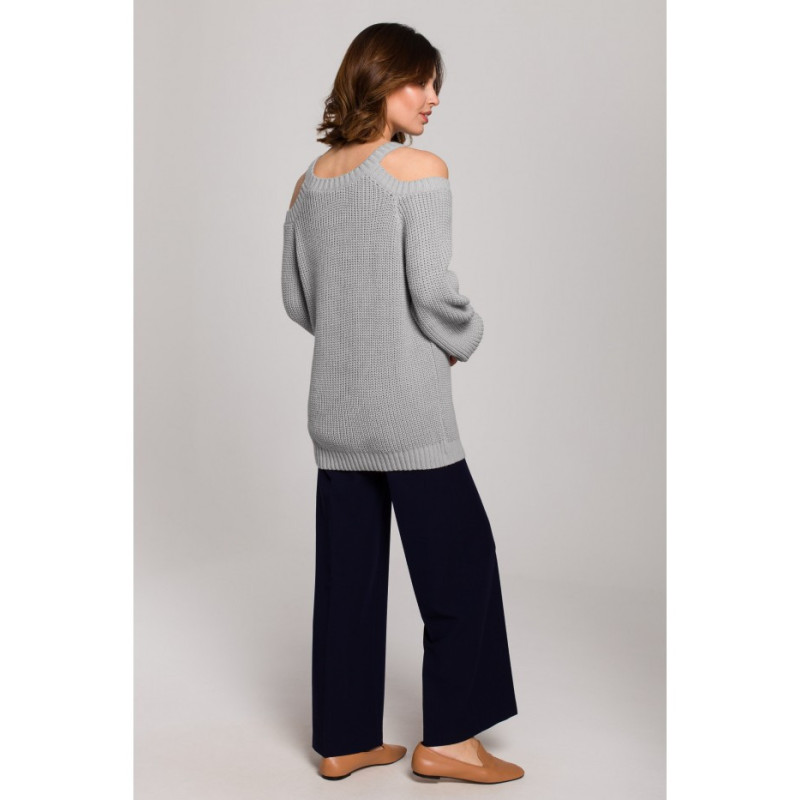 BK069 Sweter z wycięciami na ramionach - szary
