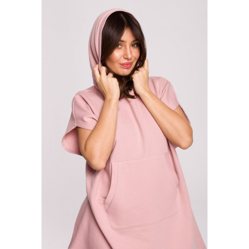 B226 Tunika trapezowa z kieszenią kangurek - pudrowa