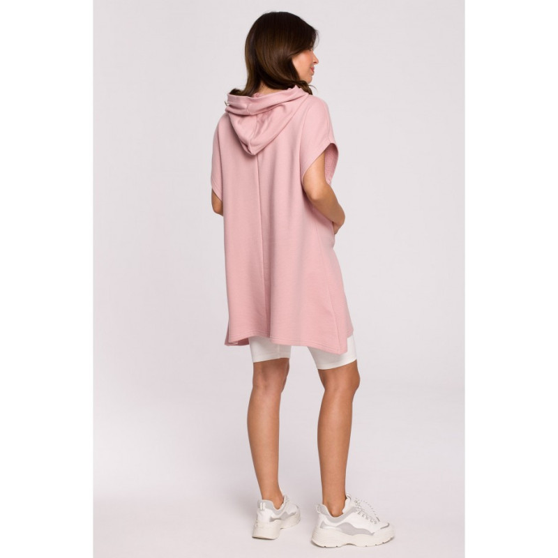 B226 Tunika trapezowa z kieszenią kangurek - pudrowa
