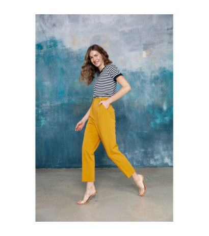 S296 Spodnie z wysokim stanem i klamerkami - żółte