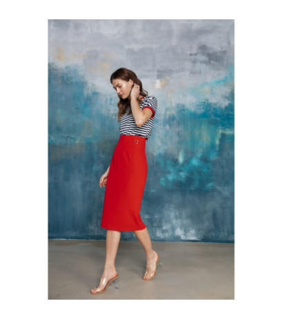 S297 Spódnica ołówkowa z wysoką talią i klamerkami - czerwona