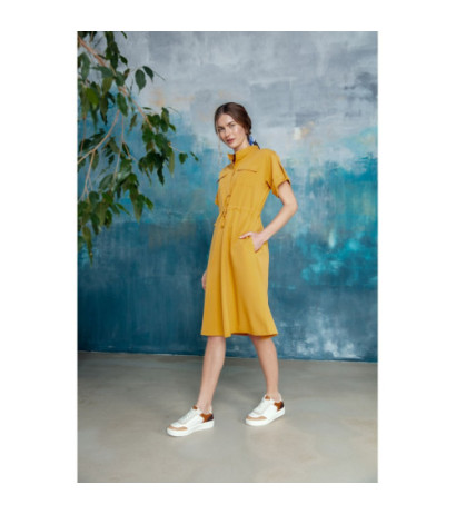 S298 Sukienka z kieszeniami i wiązaniem - żółta