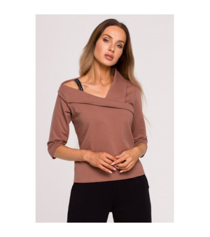 M678 Bluzka z dekoltem i lampasem MOE - czekoladowa