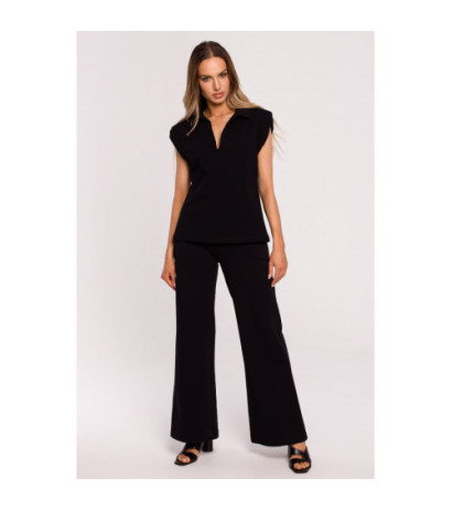 M682 Bluzka bez rękawów z dekoltem V i kołnierzem - czarna