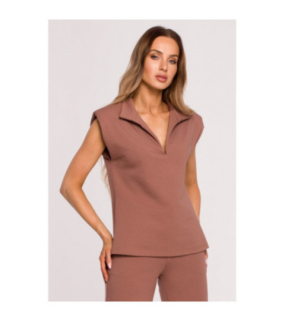 M682 Bluzka bez rękawów z dekoltem V i kołnierzem - czekoladowa