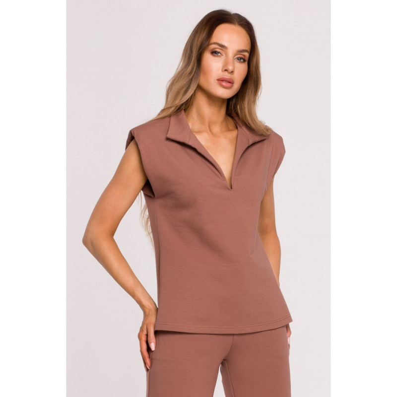 M682 Bluzka bez rękawów z dekoltem V i kołnierzem - czekoladowa