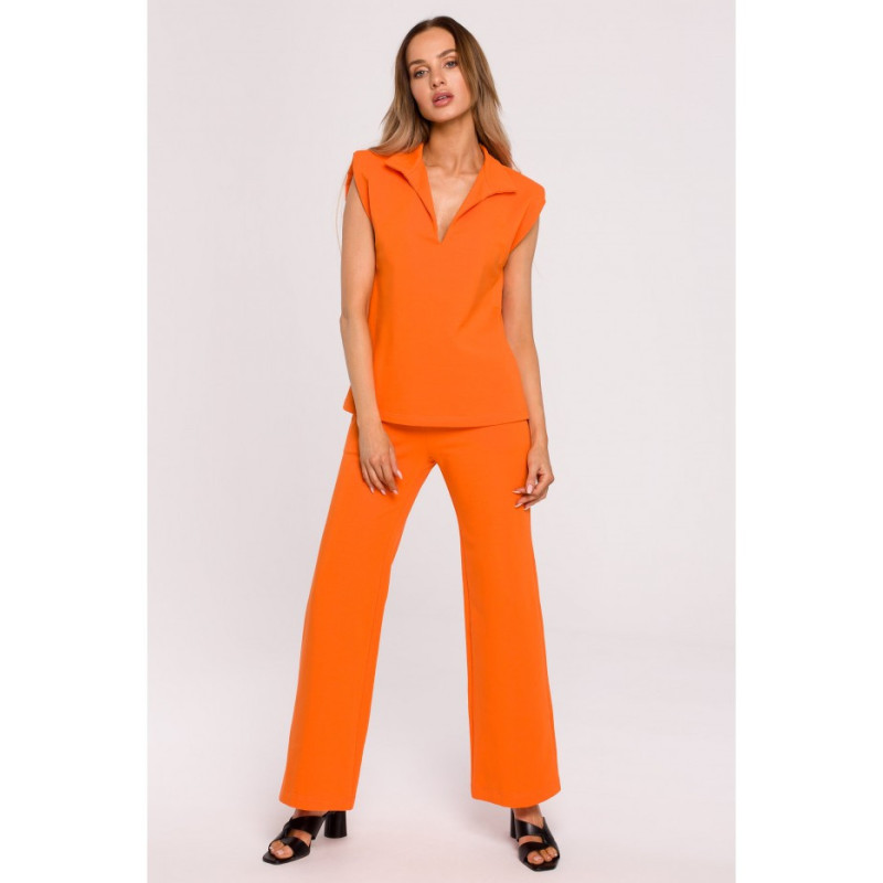 M682 Bluzka bez rękawów z dekoltem V i kołnierzem - pomarańczowa