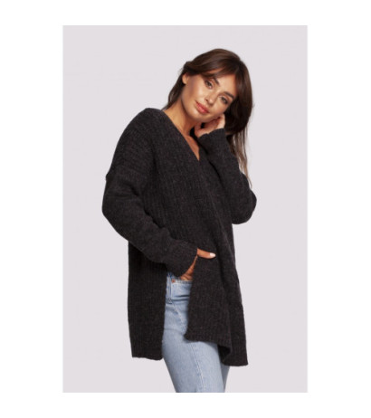 BK087 Długi sweter z dekoltem i rozcięciami po bokach - antracytowy