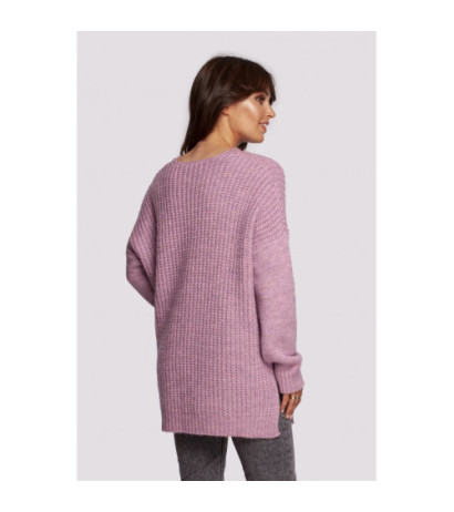 BK087 Długi sweter z dekoltem i rozcięciami po bokach - pudrowy