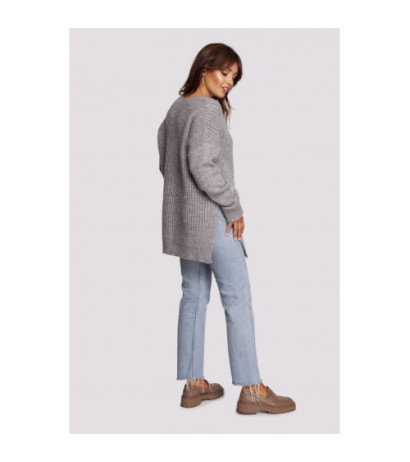 BK087 Długi sweter z dekoltem i rozcięciami po bokach - szary