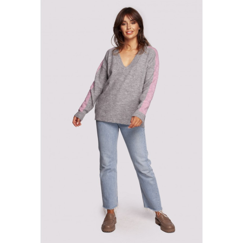 BK093 Sweter w serek z kontrastowymi lampasami - szary