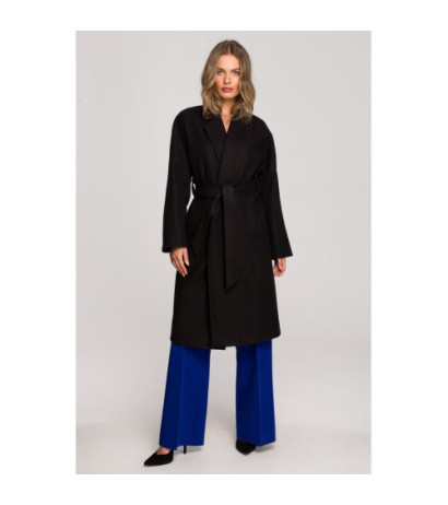 S329 Flauszowy płaszcz z paskiem - czarny