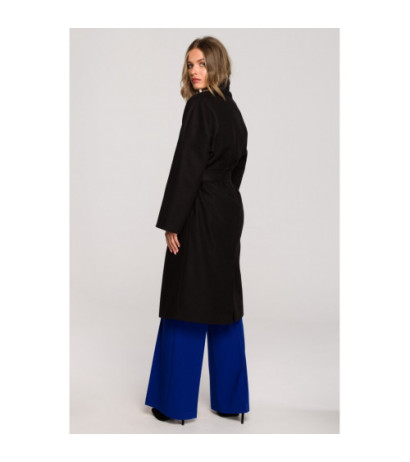 S329 Flauszowy płaszcz z paskiem - czarny