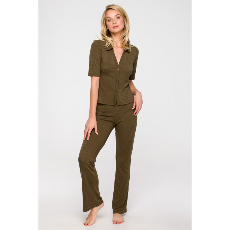 LA116 Prążkowana bluzka z kołnierzykiem - khaki