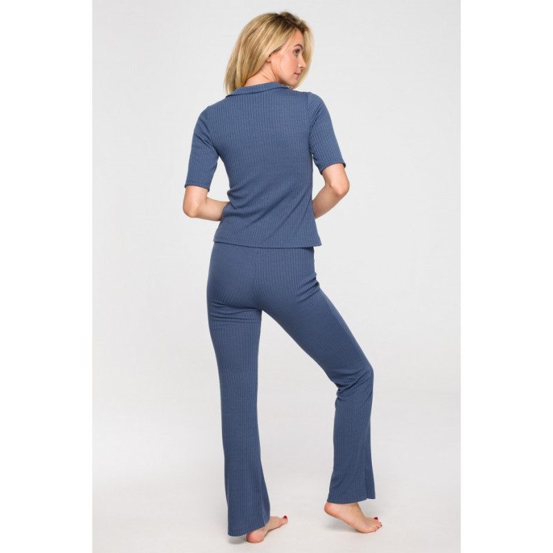 LA116 Prążkowana bluzka z kołnierzykiem - niebieska