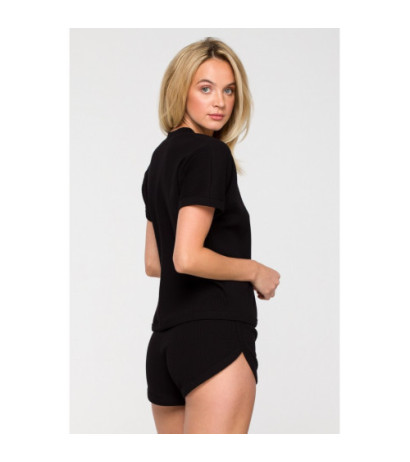 LA118 Prążkowana bluzka z dekoltem V - czarna