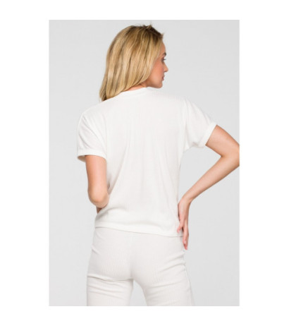 LA118 Prążkowana bluzka z dekoltem V - ecru