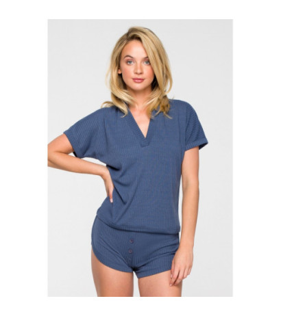 LA118 Prążkowana bluzka z dekoltem V - niebieska