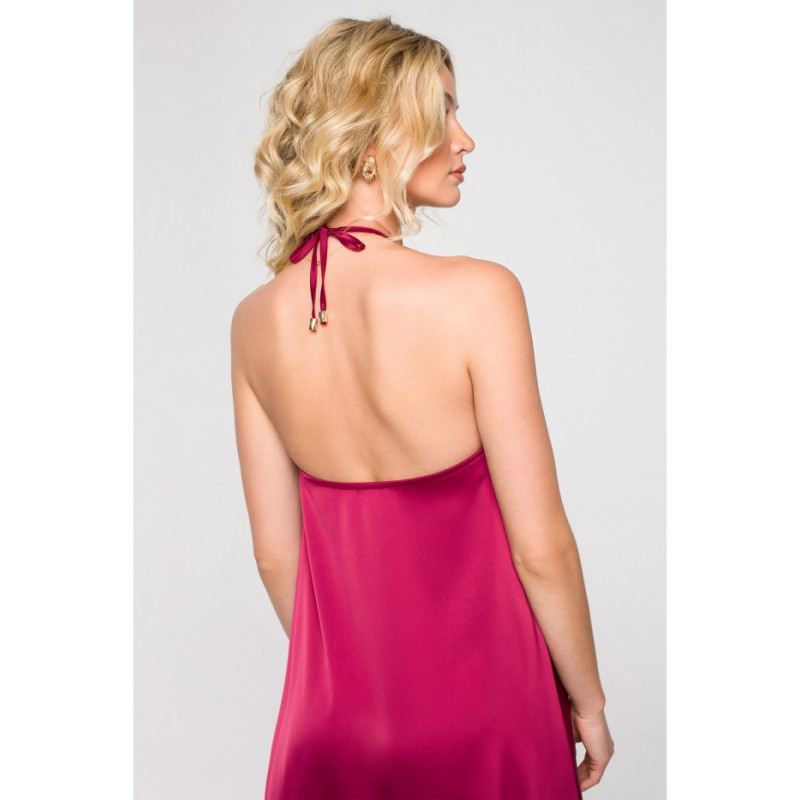 K154 Sukienka rozkloszowana z kwiatem - bordowa