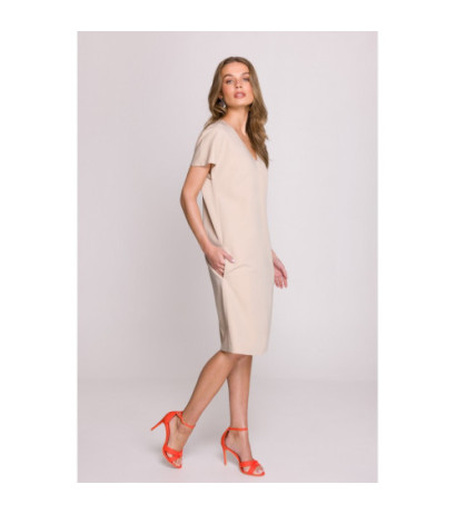 S392 Sukienka o luźnym fasonie z dekoltem V - beżowa