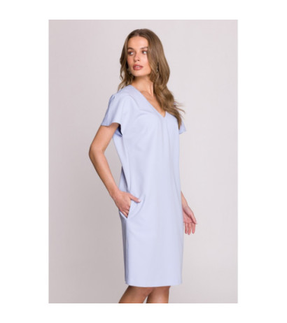 S392 Sukienka o luźnym fasonie z dekoltem V - błękitna