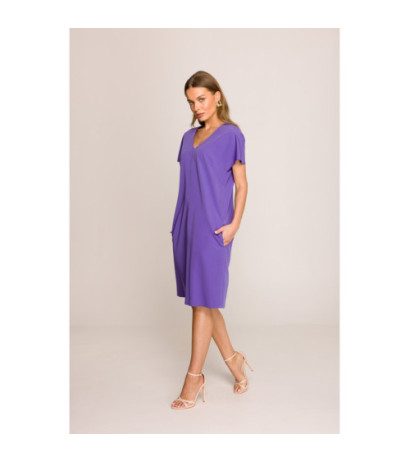 S392 Sukienka o luźnym fasonie z dekoltem V - fioletowa