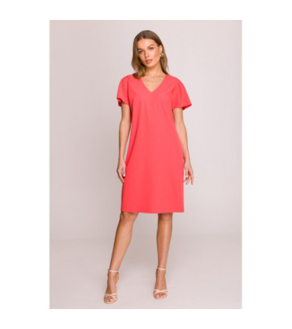 S392 Sukienka o luźnym fasonie z dekoltem V - koralowa