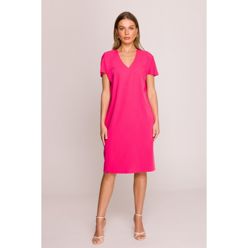 S392 Sukienka o luźnym fasonie z dekoltem V - różowa