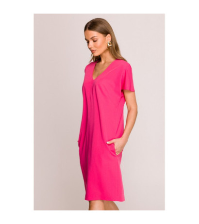 S392 Sukienka o luźnym fasonie z dekoltem V - różowa