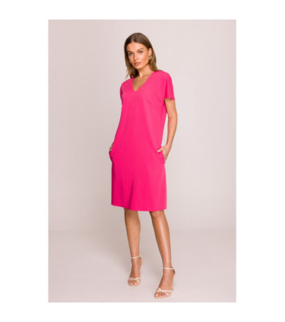 S392 Sukienka o luźnym fasonie z dekoltem V - różowa