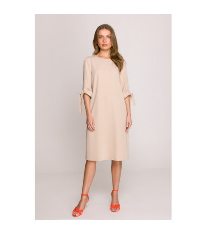 S393 Sukienka z wiązanymi rękawami - beżowa