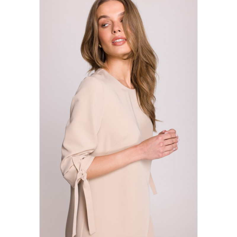 S393 Sukienka z wiązanymi rękawami - beżowa