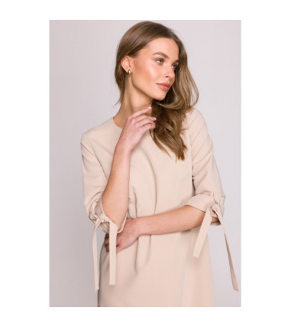 S393 Sukienka z wiązanymi rękawami - beżowa