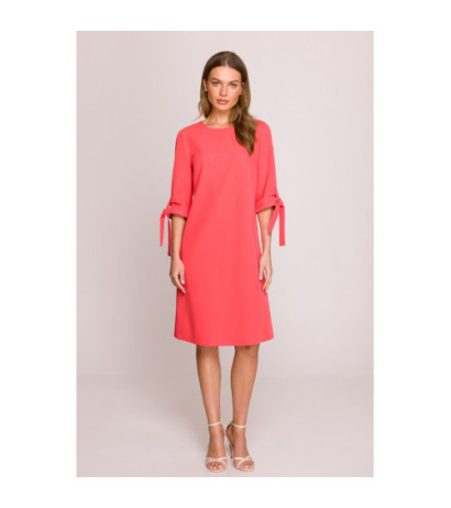 S393 Sukienka z wiązanymi rękawami - koralowa