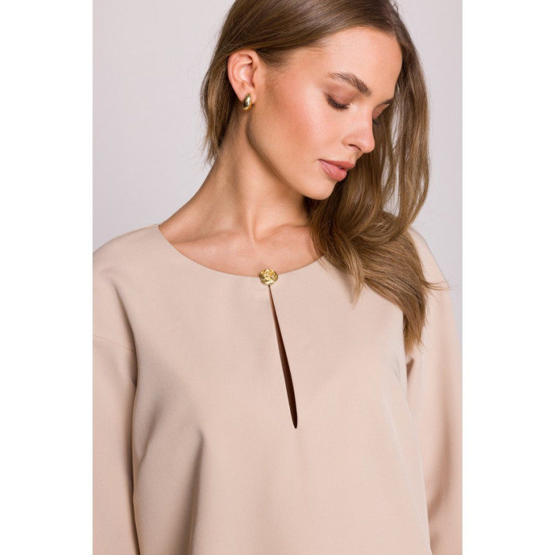 S394 Sukienka o luźnym fasonie z łezką w dekolcie - beżowa