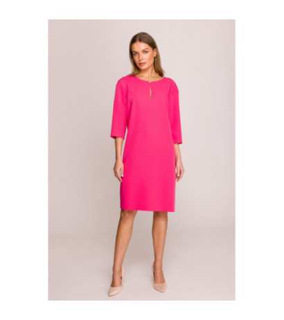 S394 Sukienka o luźnym fasonie z łezką w dekolcie - różowa