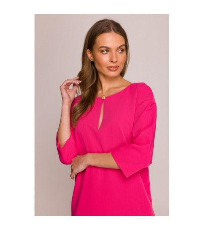 S394 Sukienka o luźnym fasonie z łezką w dekolcie - różowa