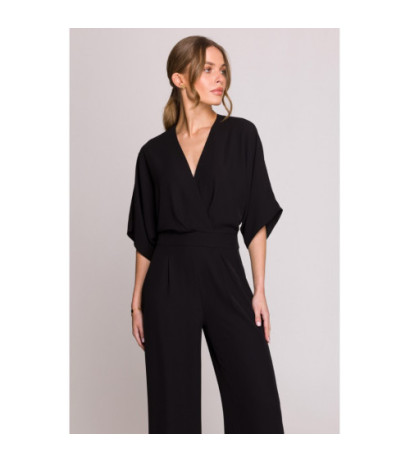 S395 Kombinezon z dekoltem kopertowym - czarny