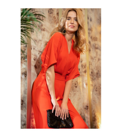S395 Kombinezon z dekoltem kopertowym - koralowy