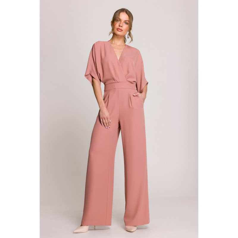 S395 Kombinezon z dekoltem kopertowym - różany
