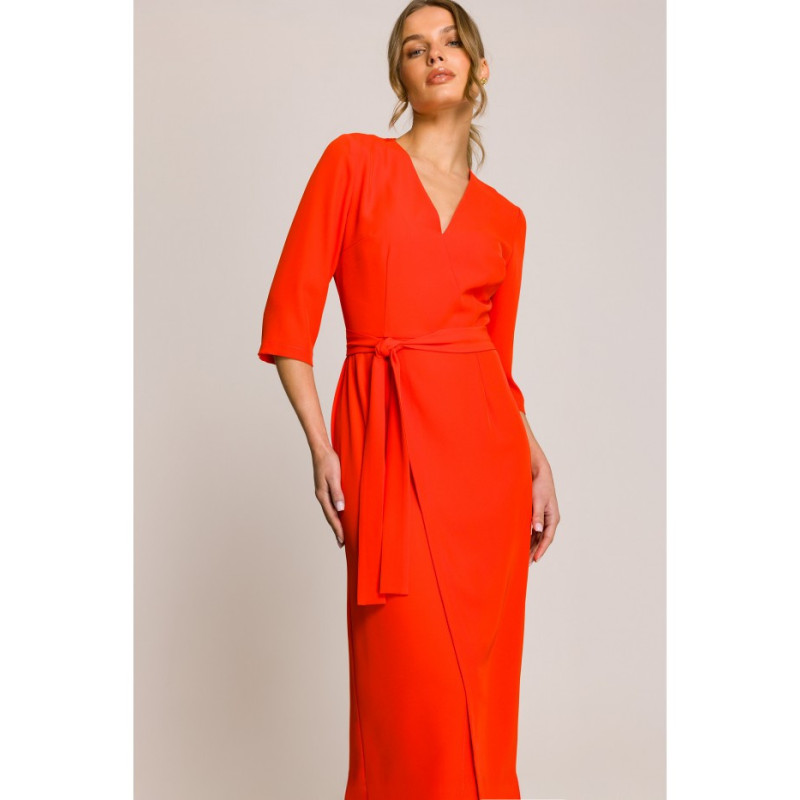 S396 Sukienka z kopertowym motywem - koralowa