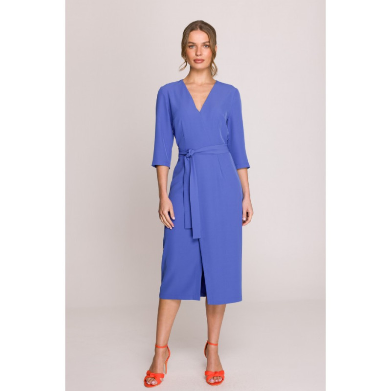 S396 Sukienka z kopertowym motywem - niebieska