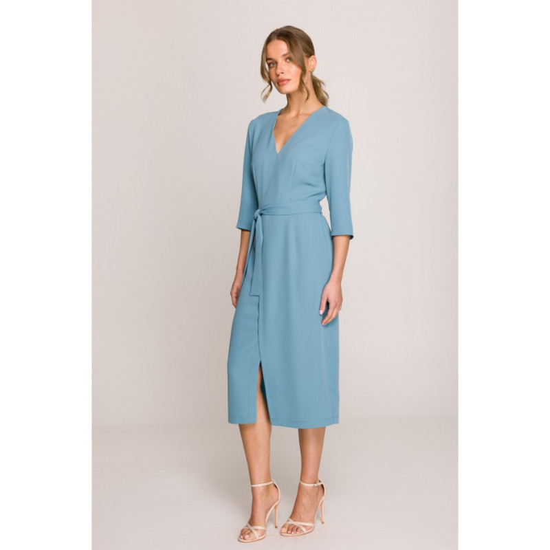 S396 Sukienka z kopertowym motywem - zimny niebieski