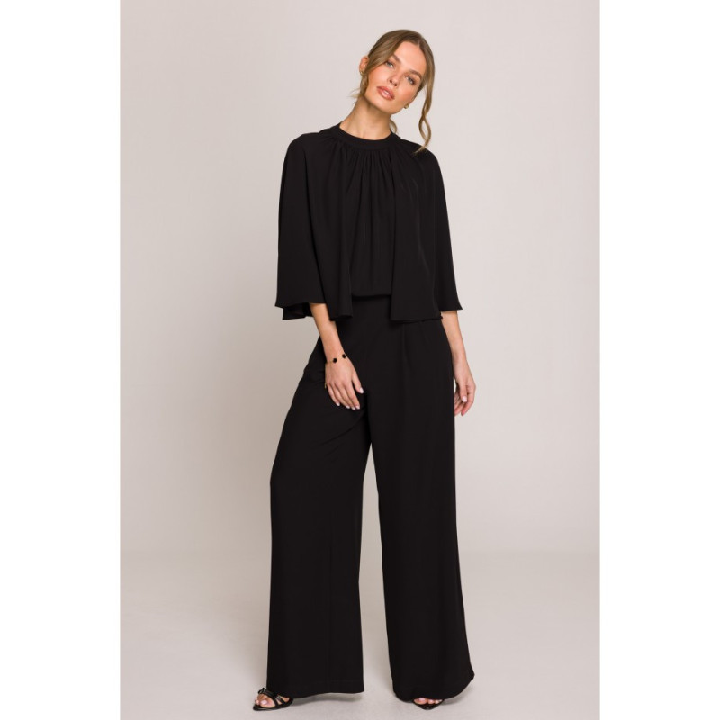 S397 Kombinezon z szerokimi rękawami i wiązaniem - czarny