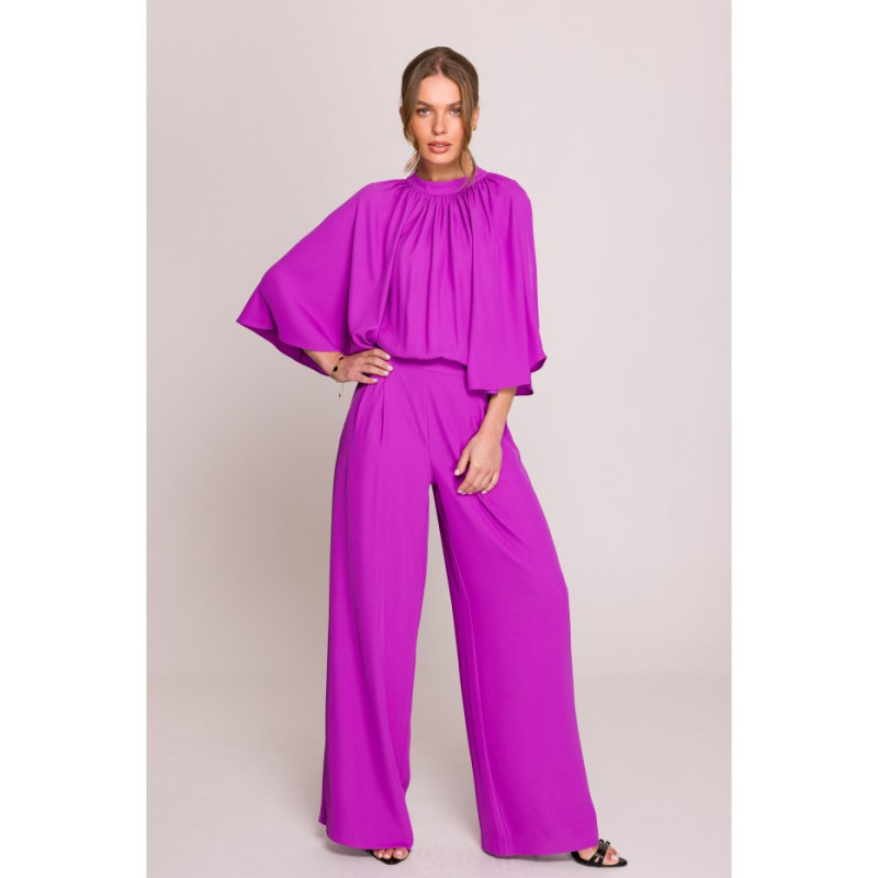 S397 Kombinezon z szerokimi rękawami i wiązaniem - lawendowy