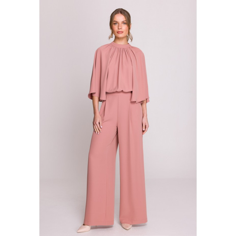 S397 Kombinezon z szerokimi rękawami i wiązaniem - różany