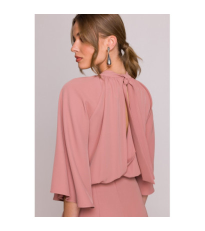 S397 Kombinezon z szerokimi rękawami i wiązaniem - różany