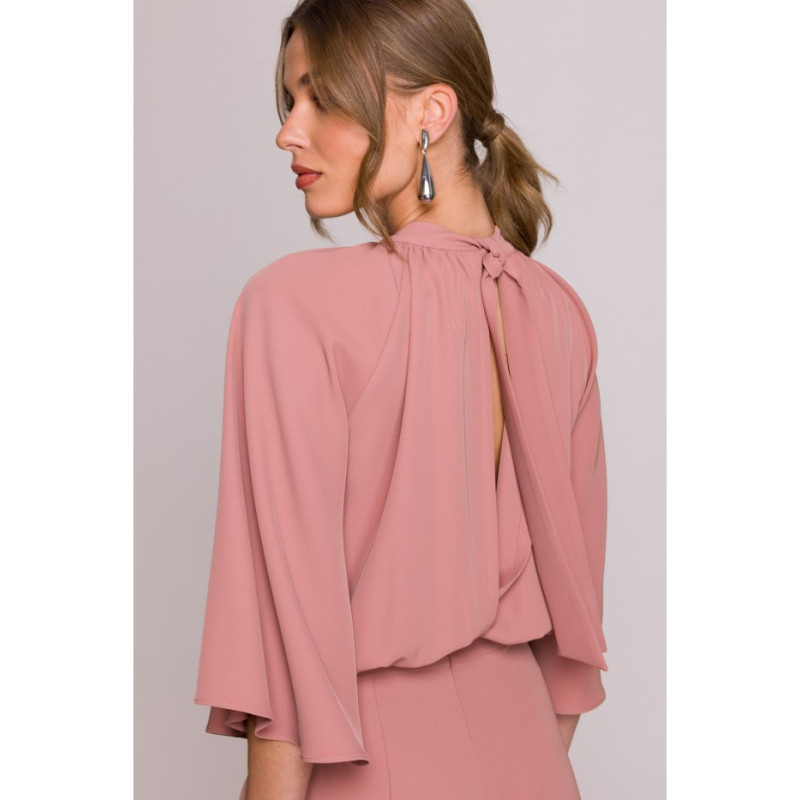 S397 Kombinezon z szerokimi rękawami i wiązaniem - różany