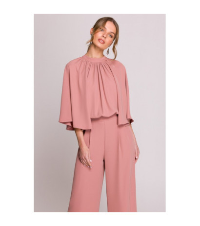 S397 Kombinezon z szerokimi rękawami i wiązaniem - różany